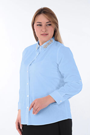 Kadın Yakası Taşlı Cotton Klasik Büyük Beden Ofis Gömlek - 44377