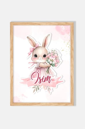 İsme Özel Pembe Çiçekli Tavşan Ahşap Çerçeve 30x40 cm Tablo, Hastane Odası Kapı Süsü, Çocuk Odası, Dekorasyon