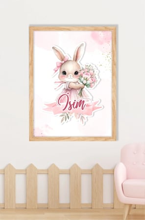 İsme Özel Pembe Çiçekli Tavşan Ahşap Çerçeve 30x40 cm Tablo, Hastane Odası Kapı Süsü, Çocuk Odası, Dekorasyon