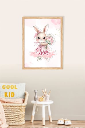 İsme Özel Pembe Çiçekli Tavşan Ahşap Çerçeve 30x40 cm Tablo, Hastane Odası Kapı Süsü, Çocuk Odası, Dekorasyon
