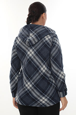 Büyük Beden Rahat Kalıp Kapüşonlu Oduncu Kadın Gömlek Hırka