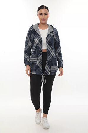 Büyük Beden Rahat Kalıp Kapüşonlu Oduncu Kadın Gömlek Hırka