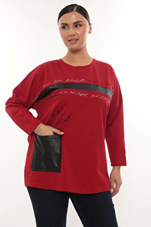 Rahat Kalıp Büyük Beden Kadın Bluz Uzun Kollu Yazı Detaylı Cepli