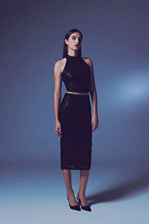 Payetli Uzun Kalem Etek 80 cm