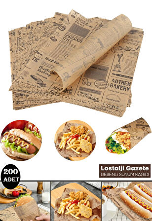 200lü Breakfast Desenli Yağlı Kağıt Vintage Gazete Desen Aparatif Kağıdı Mutfak Servis Sunum Kağıdı