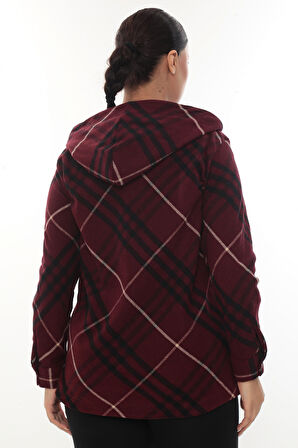 Büyük Beden Rahat Kalıp Kapüşonlu Oduncu Kadın Gömlek Hırka