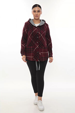 Büyük Beden Rahat Kalıp Kapüşonlu Oduncu Kadın Gömlek Hırka