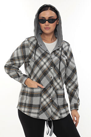 Büyük Beden Rahat Kalıp Kapüşonlu Oduncu Kadın Gömlek Hırka