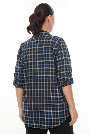 Büyük Beden Ekose Desenli Simli Rahat Kalıp Kadın Gömlek