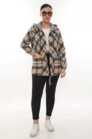 Büyük Beden Rahat Kalıp Kapüşonlu Oduncu Kadın Gömlek Hırka