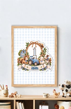 İsme Özel Çiftlik Mavi Ahşap Çerçeve 30x40 cm Tablo, Hastane Odası Kapı Süsü, Çocuk Odası, Dekorasyon