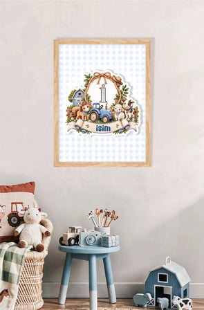 İsme Özel Çiftlik Mavi Ahşap Çerçeve 30x40 cm Tablo, Hastane Odası Kapı Süsü, Çocuk Odası, Dekorasyon