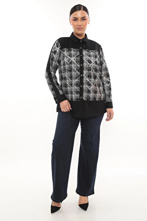 Şık Ekose Detaylı Uzun Kollu Büyük Beden Kadın Gömlek