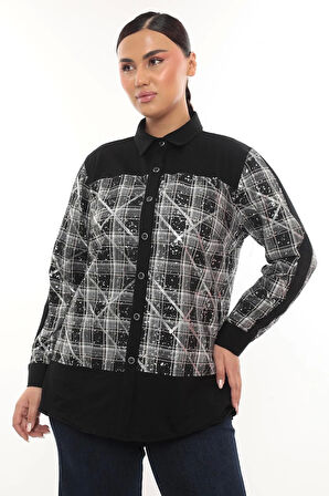 Şık Ekose Detaylı Uzun Kollu Büyük Beden Kadın Gömlek