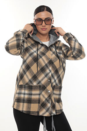 Büyük Beden Rahat Kalıp Kapüşonlu Oduncu Kadın Gömlek Hırka