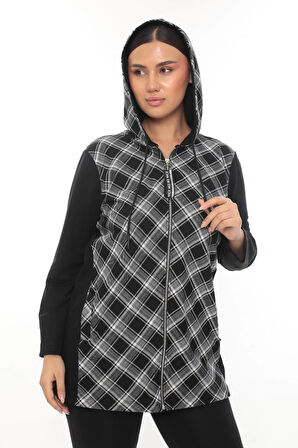 Ekose Kapüşonlu Fermuarlı Büyük Beden Spor Şık Hırka