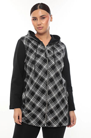 Ekose Kapüşonlu Fermuarlı Büyük Beden Spor Şık Hırka