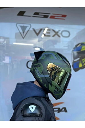 Rapıd 2 Thunder Bırds Mat Yeşil-siyah-gri Kask - Gold Vizör - Spoiler