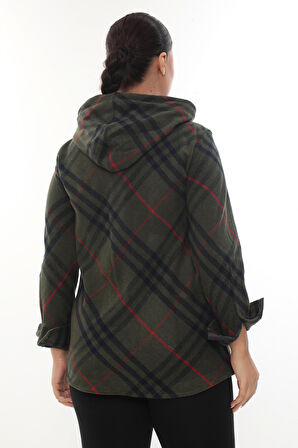 Büyük Beden Rahat Kalıp Kapüşonlu Oduncu Kadın Gömlek Hırka