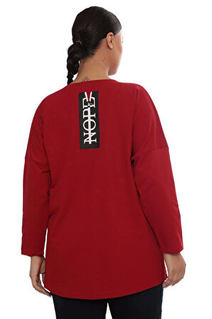 Rahat Kalıp Büyük Beden Kadın Bluz Uzun Kollu Yazı Detaylı Cepli