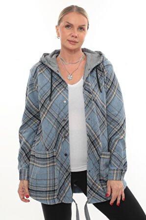 Büyük Beden Rahat Kalıp Kapüşonlu Oduncu Kadın Gömlek Hırka