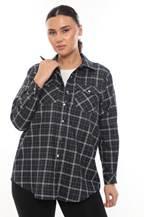 Büyük Beden Ekose Desenli Simli Rahat Kalıp Kadın Gömlek