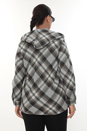 Büyük Beden Rahat Kalıp Kapüşonlu Oduncu Kadın Gömlek Hırka