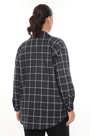 Büyük Beden Ekose Desenli Simli Rahat Kalıp Kadın Gömlek