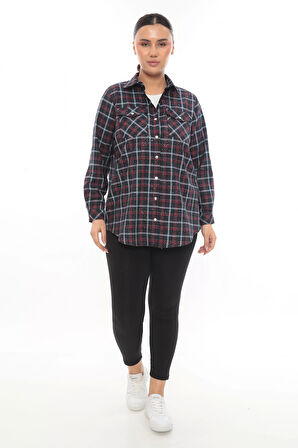 Büyük Beden Ekose Desenli Simli Rahat Kalıp Kadın Gömlek