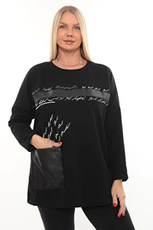 Rahat Kalıp Büyük Beden Kadın Bluz Uzun Kollu Yazı Detaylı Cepli