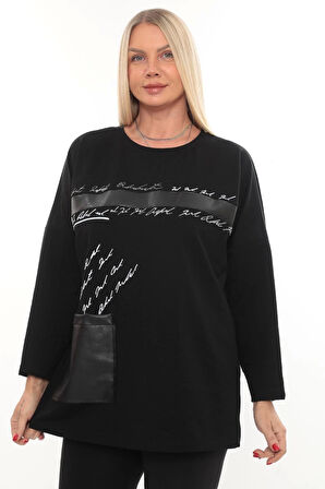 Rahat Kalıp Büyük Beden Kadın Bluz Uzun Kollu Yazı Detaylı Cepli