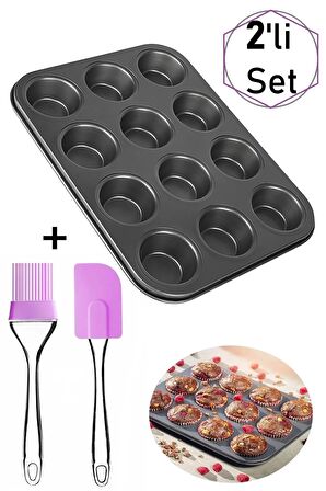 Muffin 12 Li Kek Kalıbı & Fırça Spatula Set Pasta Kek Çörek - 2