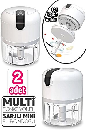 2'li Şarjlı Mini El Rondosu Çelik 3 Bıçaklı 250 Ml Mutfak Robotu Hazneli Sebze Et Doğrayıc Rende