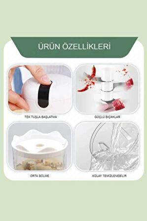 2'li Şarjlı Mini El Rondosu Çelik 3 Bıçaklı 250 Ml Mutfak Robotu Hazneli Sebze Et Doğrayıc Rende