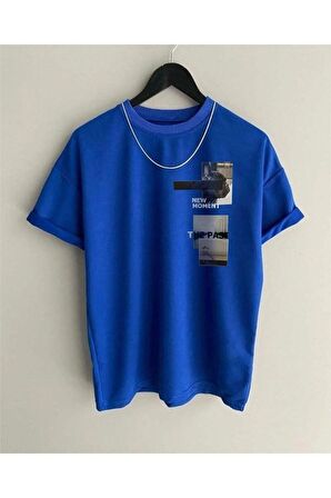 Unisex Saks Mavi New Moment Baskılı Oversize T-shirt