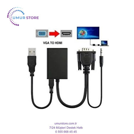 VGA To HDMI Dönüştürücü Çevirici Kablo Adaptör Görüntü Ses Destekli