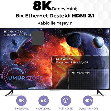 8K@60Hz HDMI 2.1 Ethernet 48Gbps. Veri Aktarım - eARC - 3D Ready Destekli Altın Kaplama 5 Metre HDMI Kablo