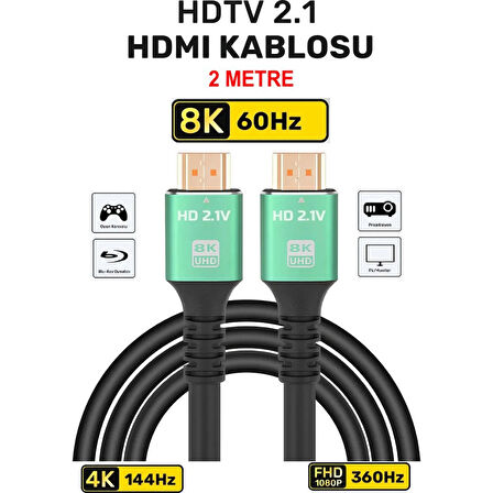 HDMI 2.1 Kablo 8K Ultra Hdtv 2 Metre, 8k 60Hz, 4K 120Hz, 7680P Hdr 2.1V 48GBS Görüntü Kablosu