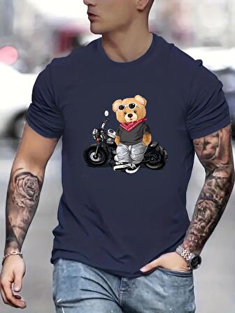 Ayı Sürüş Motosiklet Desen T-shirt,