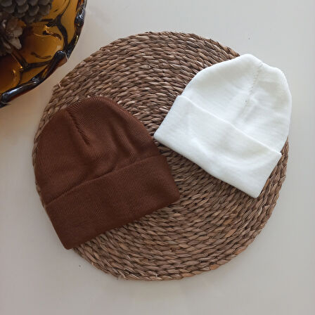 MARS BABY Kız Erkek Unisex Çocuk Kahverengi Krem Triko Düz Katlamalı Bere