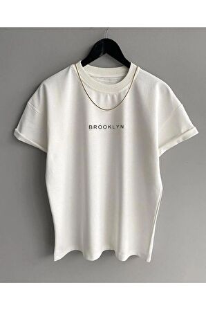Unisex Beyaz Brooklyn Baskılı Oversize Tshirt