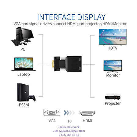 VGA To HDMI & Aux Dönüştürücü Adaptör 1080P Full Hd 60Hz Görüntü Aktarım