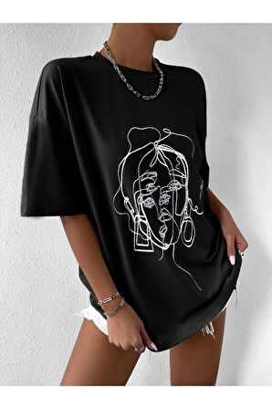 Unisex Siyah Yüz Baskılı Oversize Tshirt
