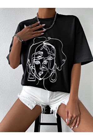 Unisex Siyah Yüz Baskılı Oversize Tshirt