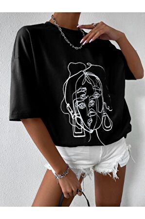 Unisex Siyah Yüz Baskılı Oversize Tshirt