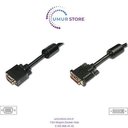 DVI - VGA Bağlantı Kablosu, DVI-I (24+5) Erkek VGA (HD15) Erkek, DVI-I dual link, 2 metre, UL, siyah renk