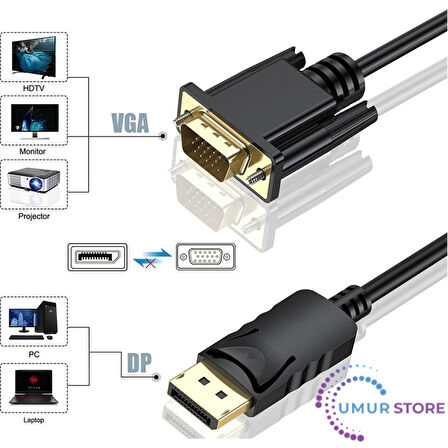 Display Port To VGA Kablo Display VGA Dp To VGA 1.8m Displayport Erkek VGA Erkek Kablo 1.8 Metre Çevirici Dönüştürücü