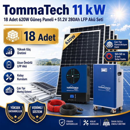 TommaTech 11 kW İnverter + 18 Adet 620W Güneş Paneli + 51.2V 280Ah LFP Akü Seti