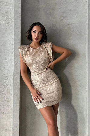 Aurora Kadın Altın Payetli Taş İşlemeli Mini Elbise – Zarif Gece Şıklığı
