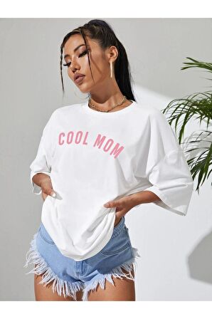 Kadın Beyaz Cool Mom Baskılı Oversize Bisiklet Yaka T-shirt